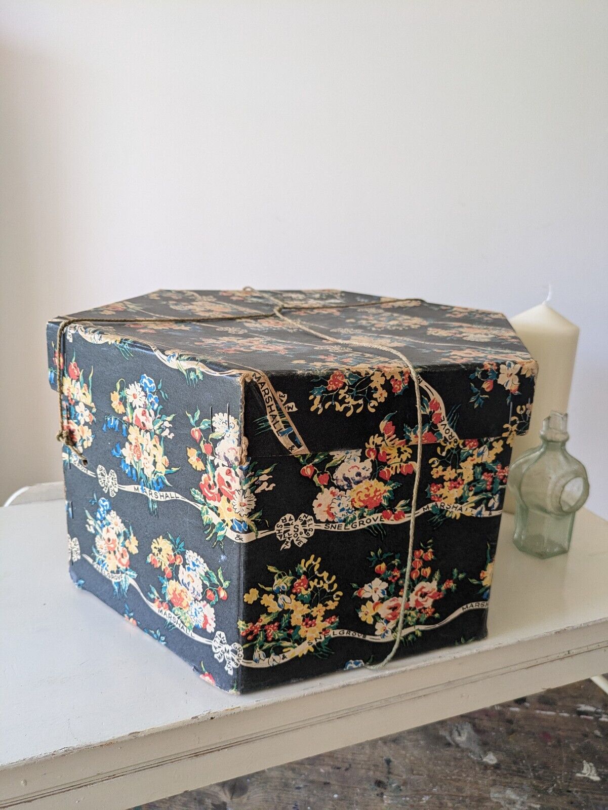 Marshall and Snelgrove vintage large hat box 1950's Hexagonal Floral Storage Vgc