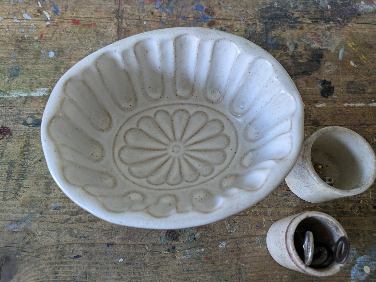 Antique Pottery Glazed Jelly Mould Oval Design White Vgc Kitchen Prop Decor Mold
