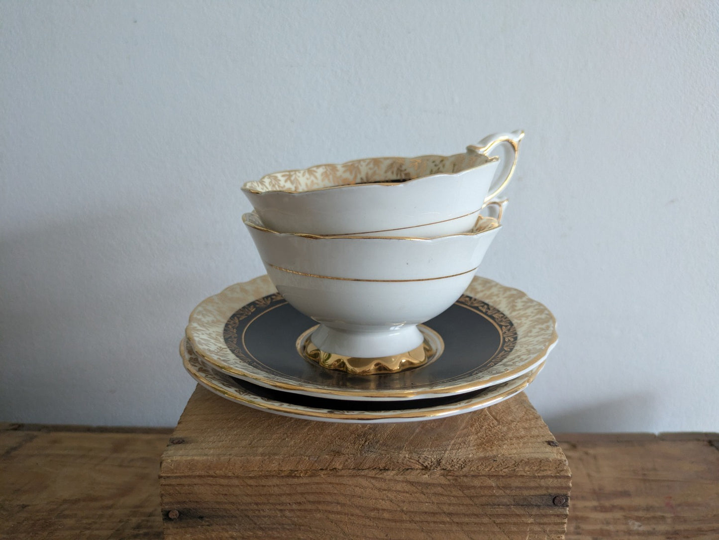 Pair Duos Vintage Royal Stafford Pink Black Gilt Cabbage Rose Cup and Saucer x2