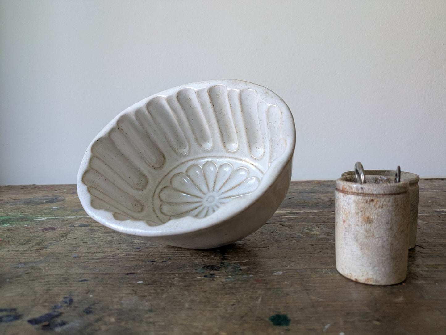 Antique Pottery Glazed Jelly Mould Oval Design White Vgc Kitchen Prop Decor Mold