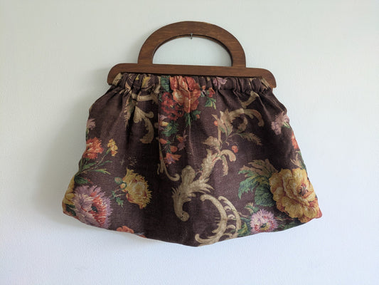 Vintage Wooden Handle Floral Print Handbag Clutch Bag Knitting Sewing Sanderson 