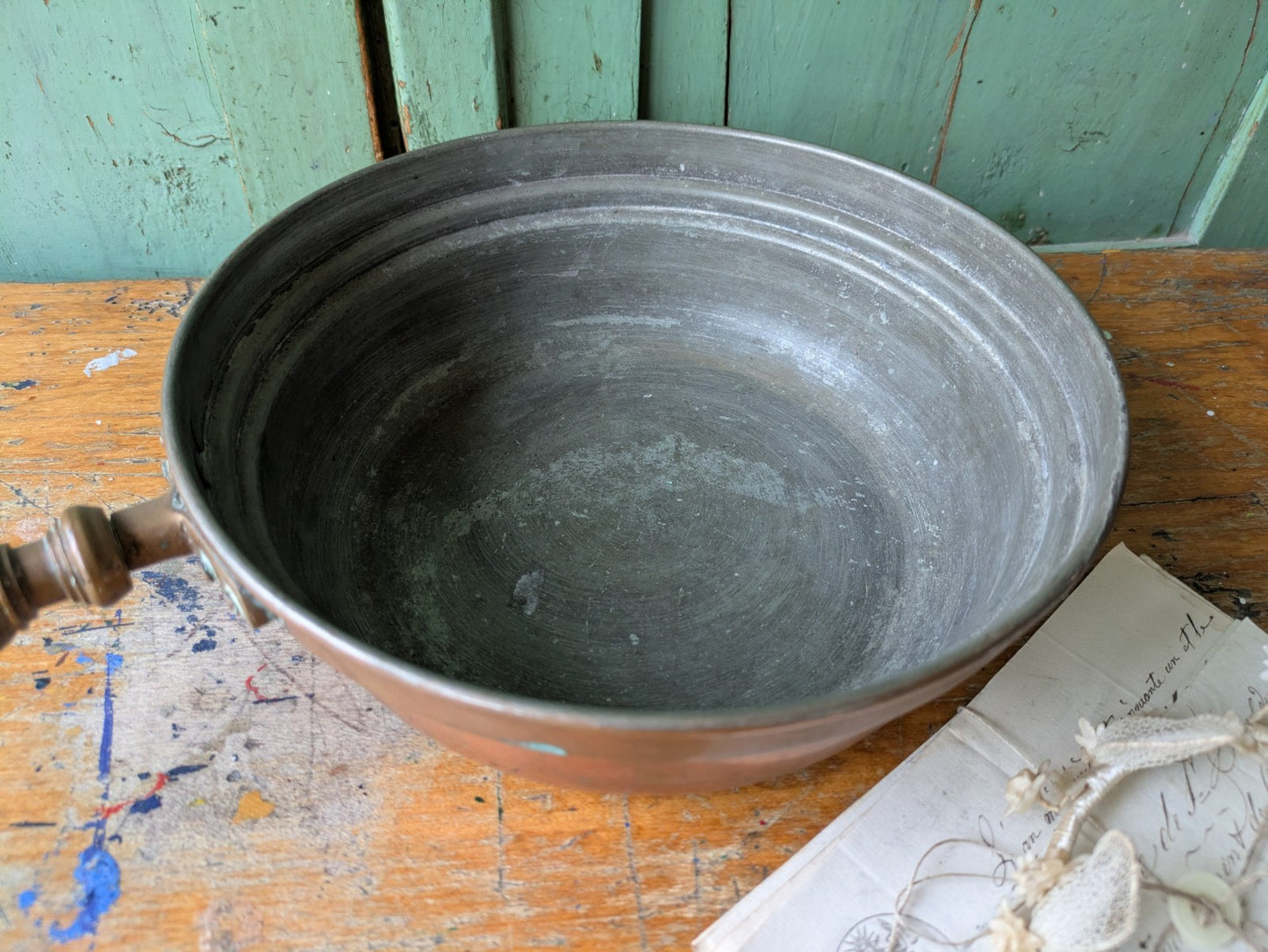 Antique Rare Vintage Nader Copper Pan with Tinned Lining & Wooden Handle Frying