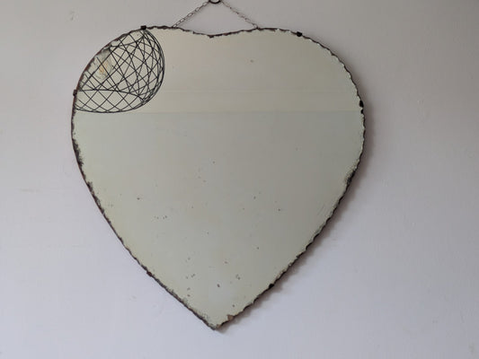 Large Antique Vintage Art Deco 1930s Heart Shaped Scalloped Mirror With Chain