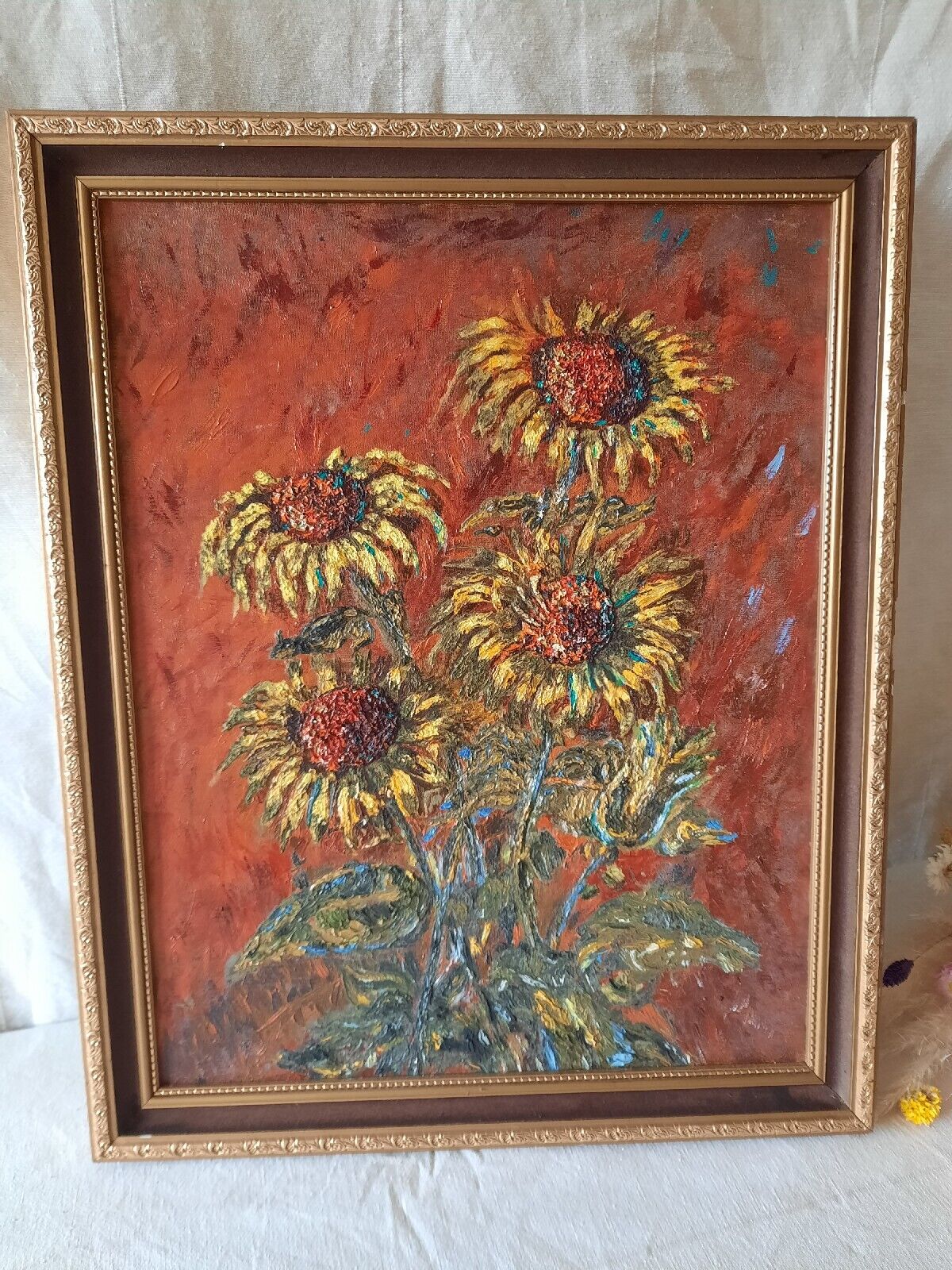 Large Original Vintage 1970s Still Life Of Sunflowers Oil On Board Painting Rare