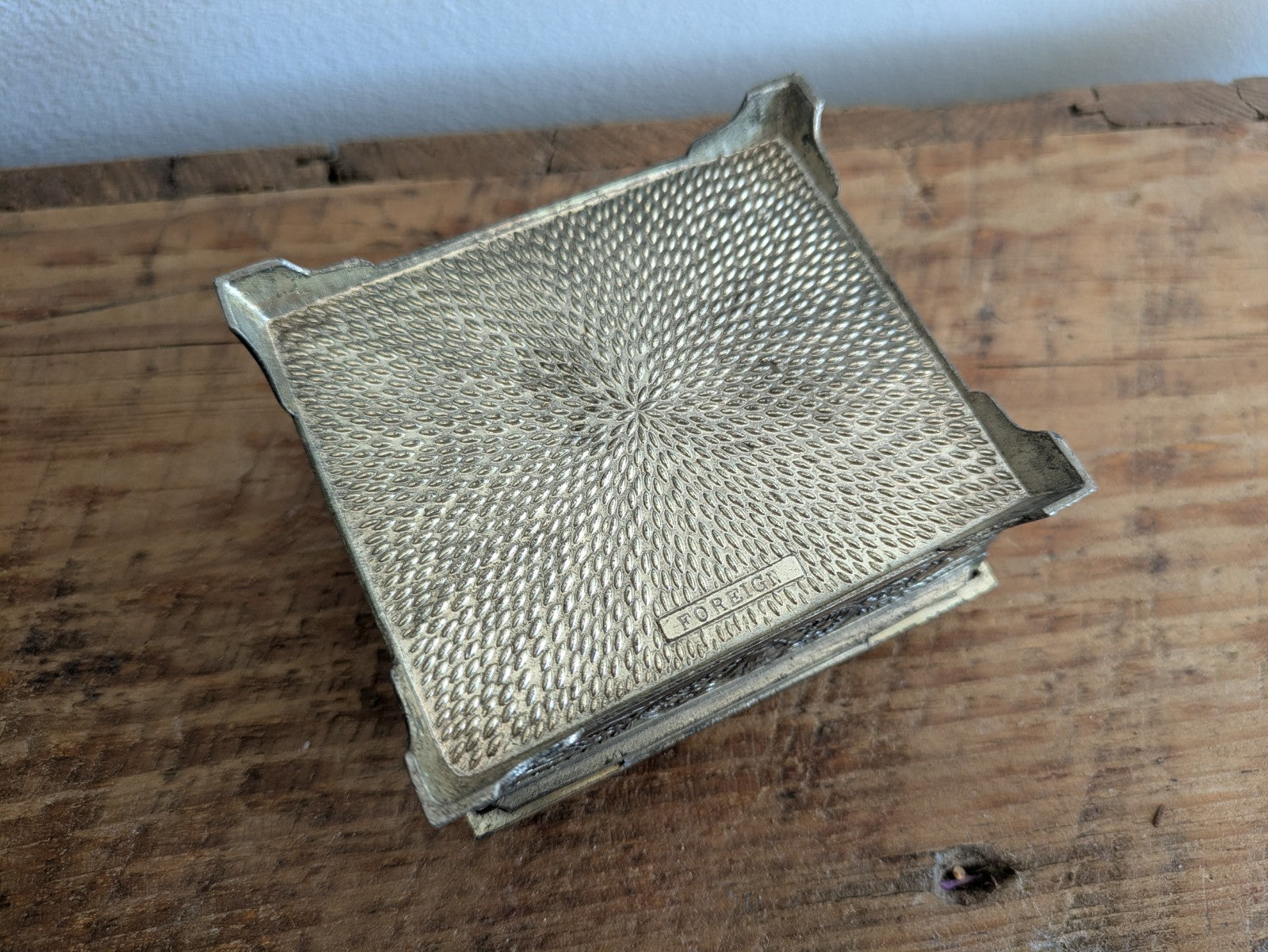 Vintage Japanese Footed Metal Jewelry Trinket Box Silver Tone Red Velvet Lining