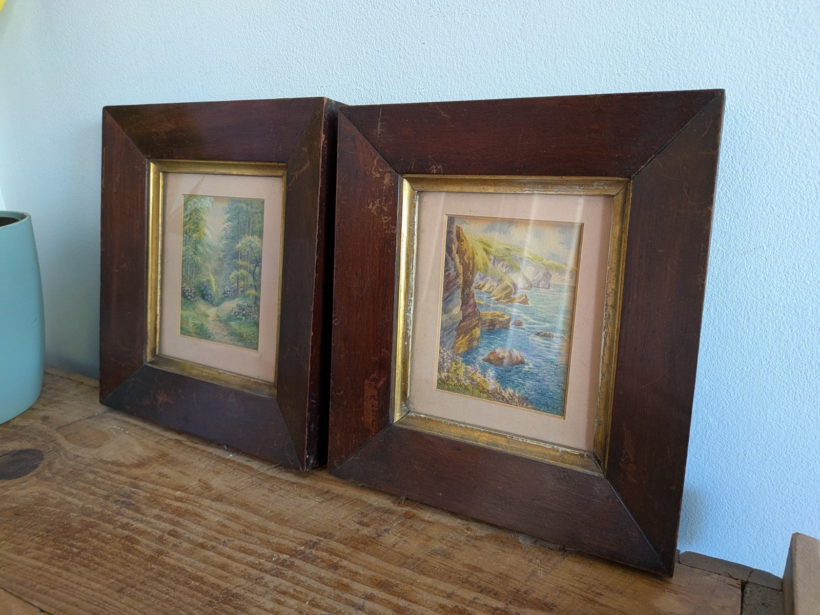 Pair Antique Framed Alan White Vtg Watercolour Signed Langcliff Woods Painting 