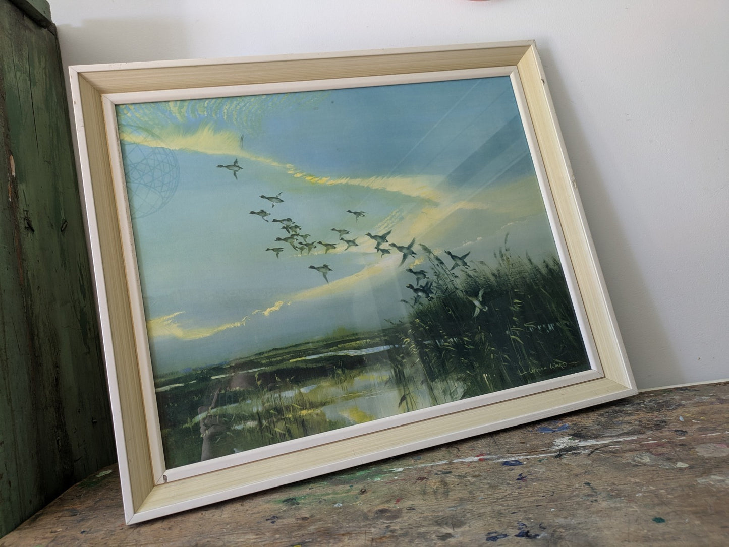 Vintage 1960s Print of Ducks Birds Flight Painting Vernon Ward Retro Seascape 