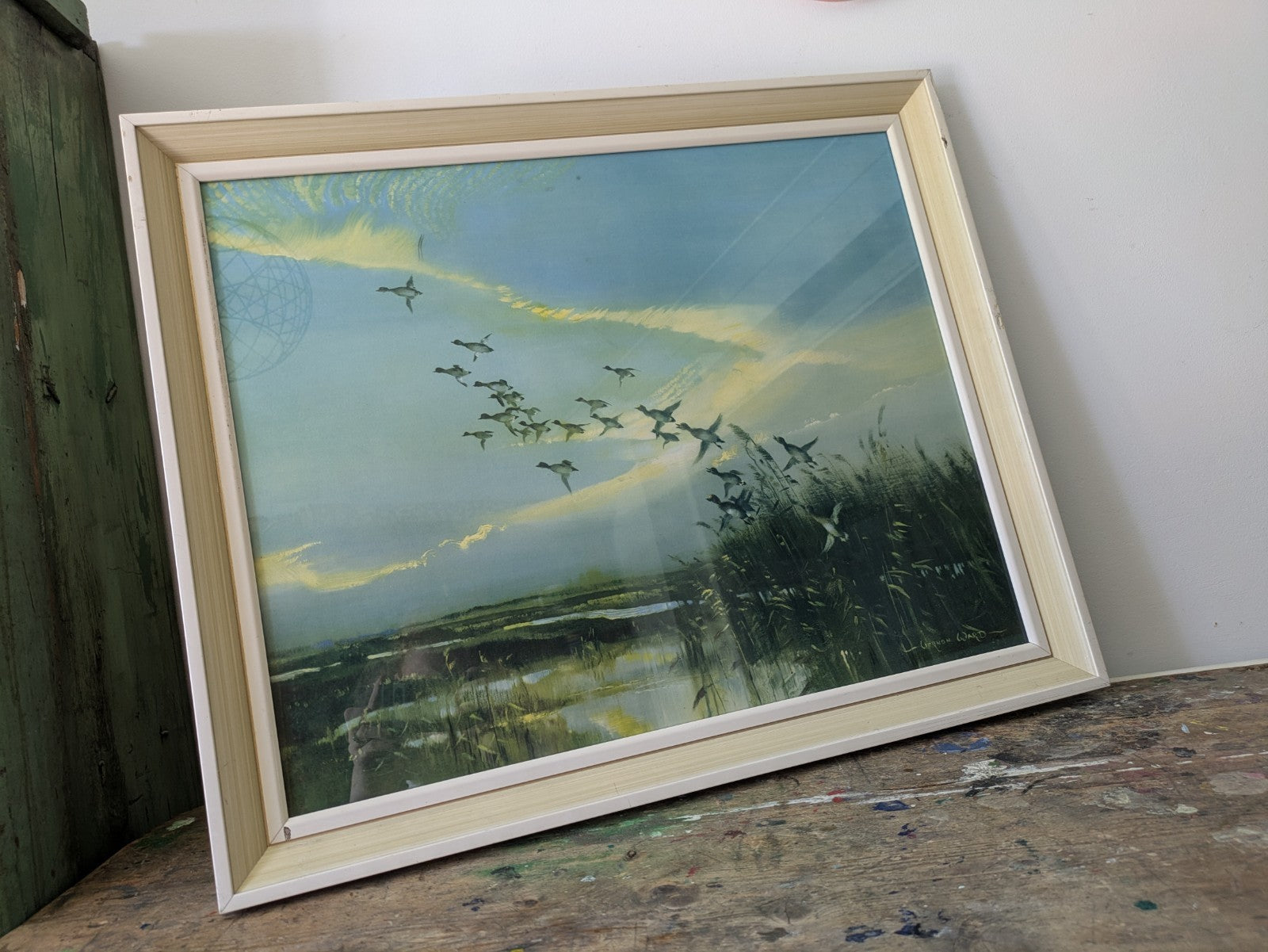 Vintage 1960s Print of Ducks Birds Flight Painting Vernon Ward Retro Seascape 