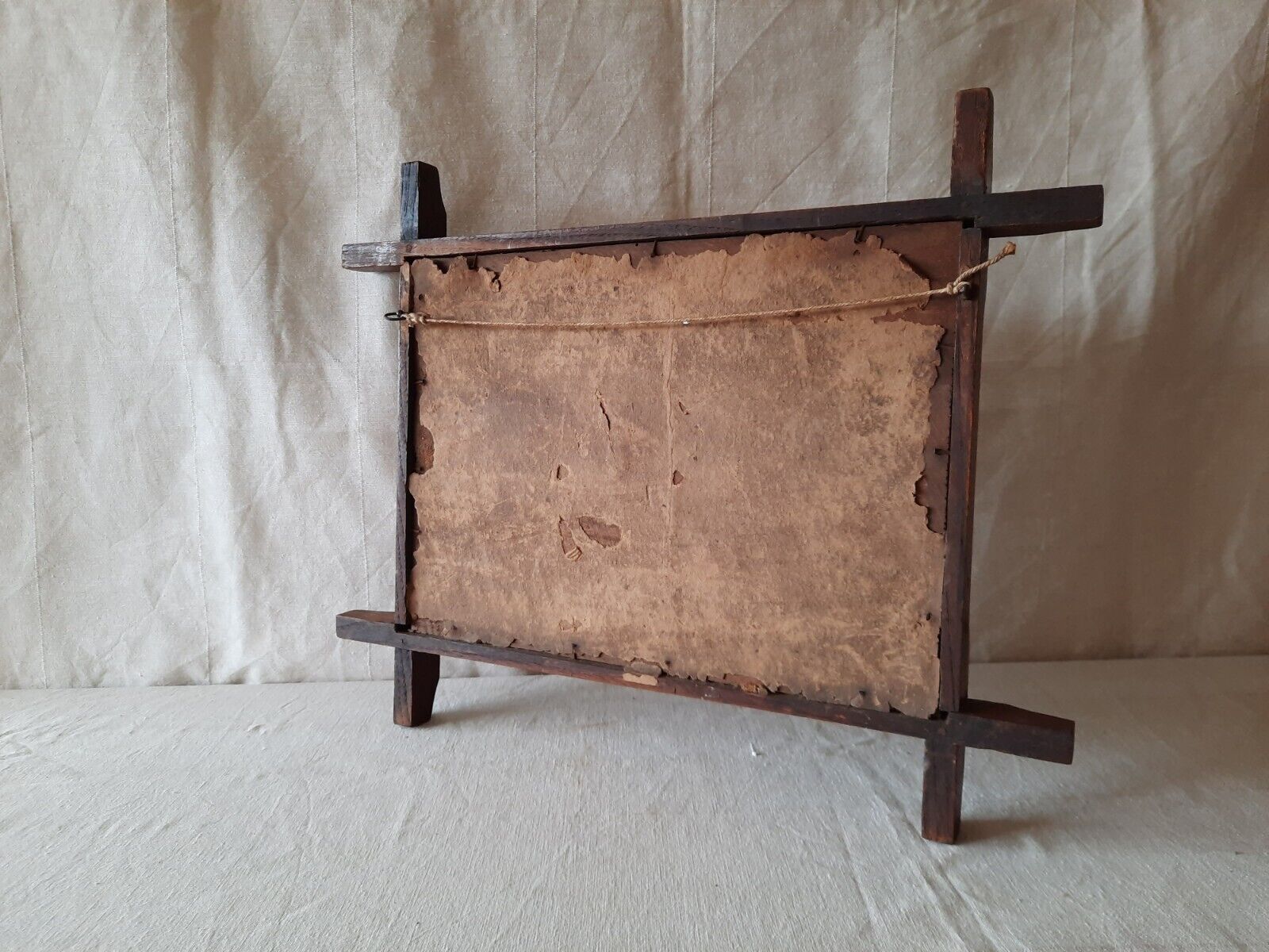 Antique Tramp Art Frame photo inset wooden rare 19th century oak copper finials