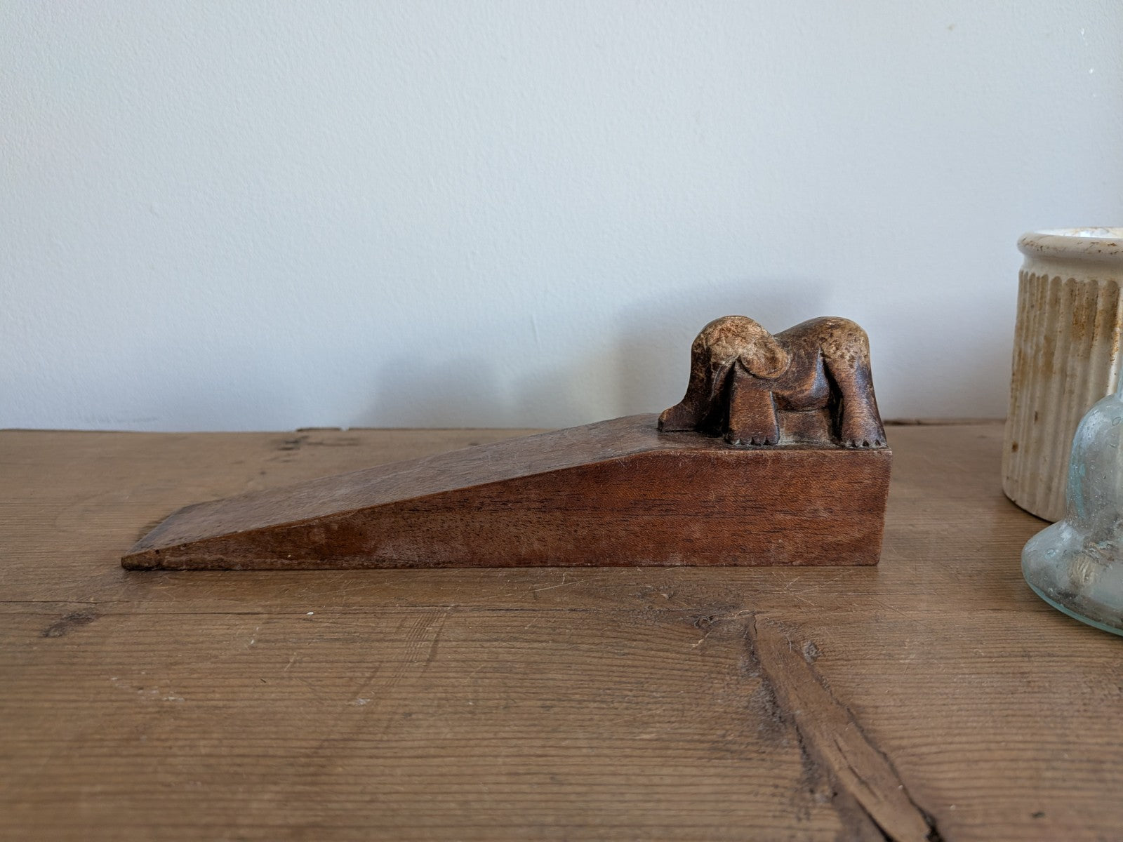 Antique Carved Rare Doorstop Primitive Wood Wedge Elephant Indian Folk Art Vtg
