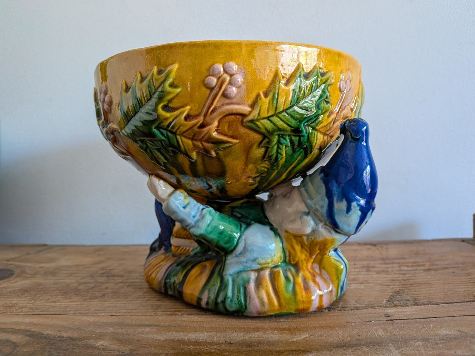Vintage George Jones Majolica “MR Punch” Punch Bowl Christmas Table Gnome Dwarf