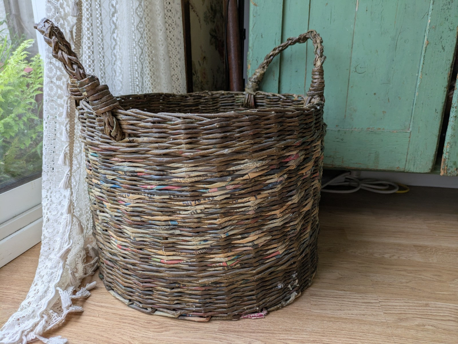 Basket Recycled Newspaper Hand Woven High Sturdy Large Handles Log Laundry Round