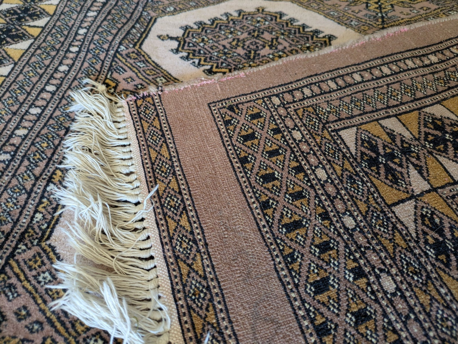 Cream Bokhara Hand Knotted Oriental Wool Afghan Turkmen Area Rug Gul Motif  Vgc