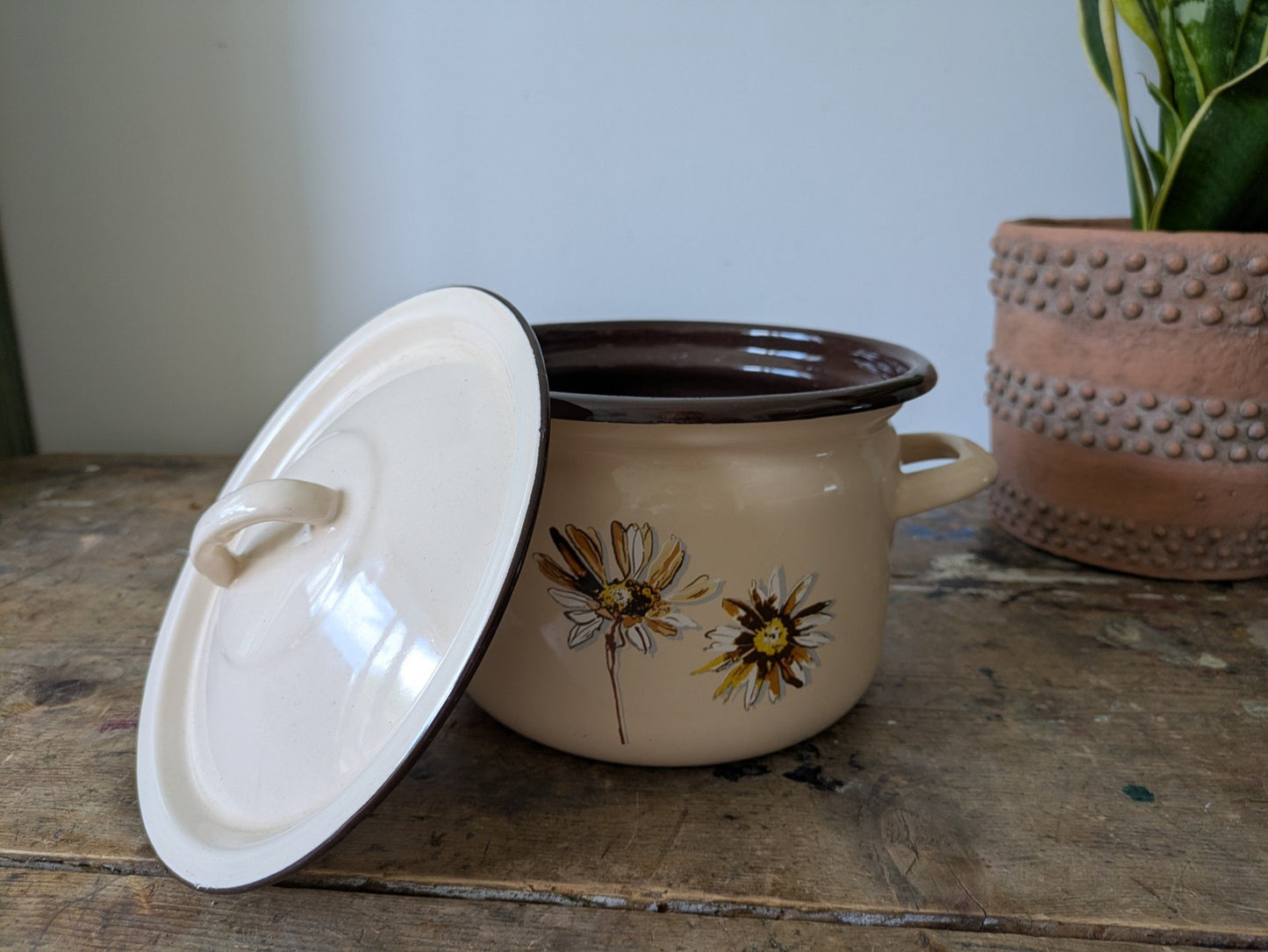 Floral Emalia Olkusz Polish Enamel Cooking Pot Daisy Vintage Retro 1907 Brown