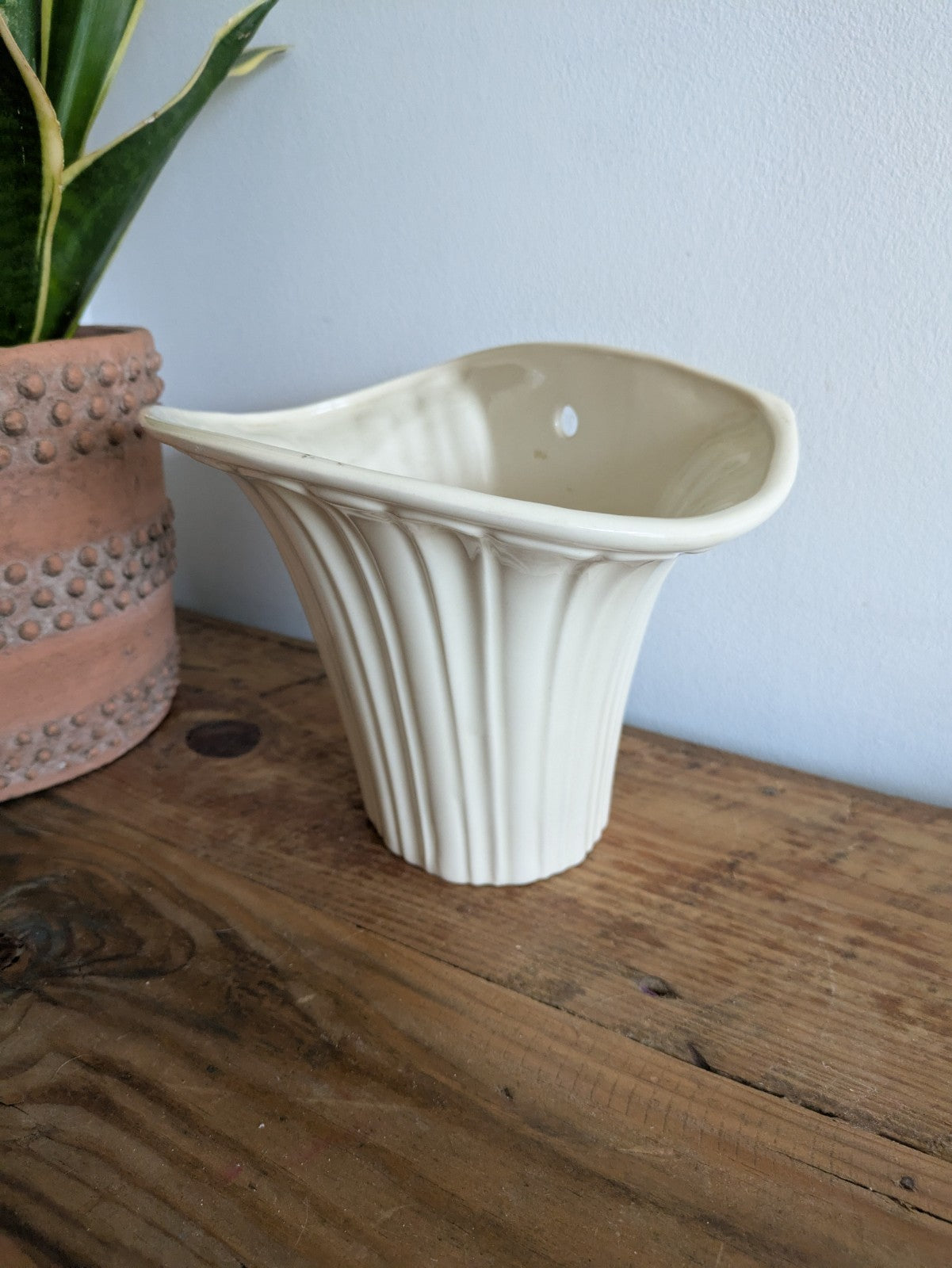 Large Fluted Ceramic White Wall Pocket Vase JM SHANNAN STEVENSON Planter Vintage
