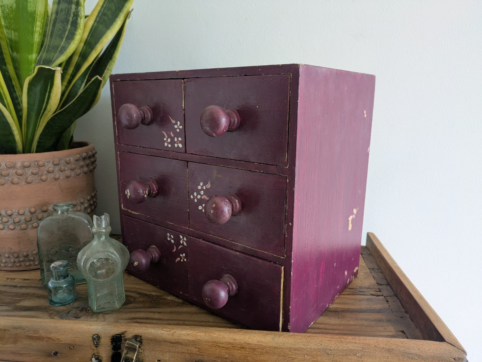VTG Painted Drawer Office Craft Drawers Table Desk Top Index Work Sewing Purple