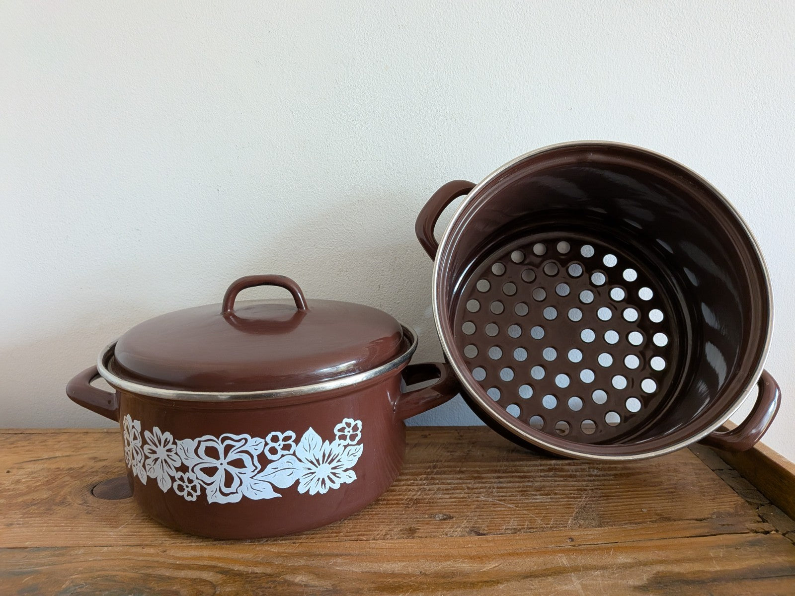 1970's Retro/Vintage Brown Enamel 2 Tier Steamer Stack Cooking Pan/Pot Set Pasta