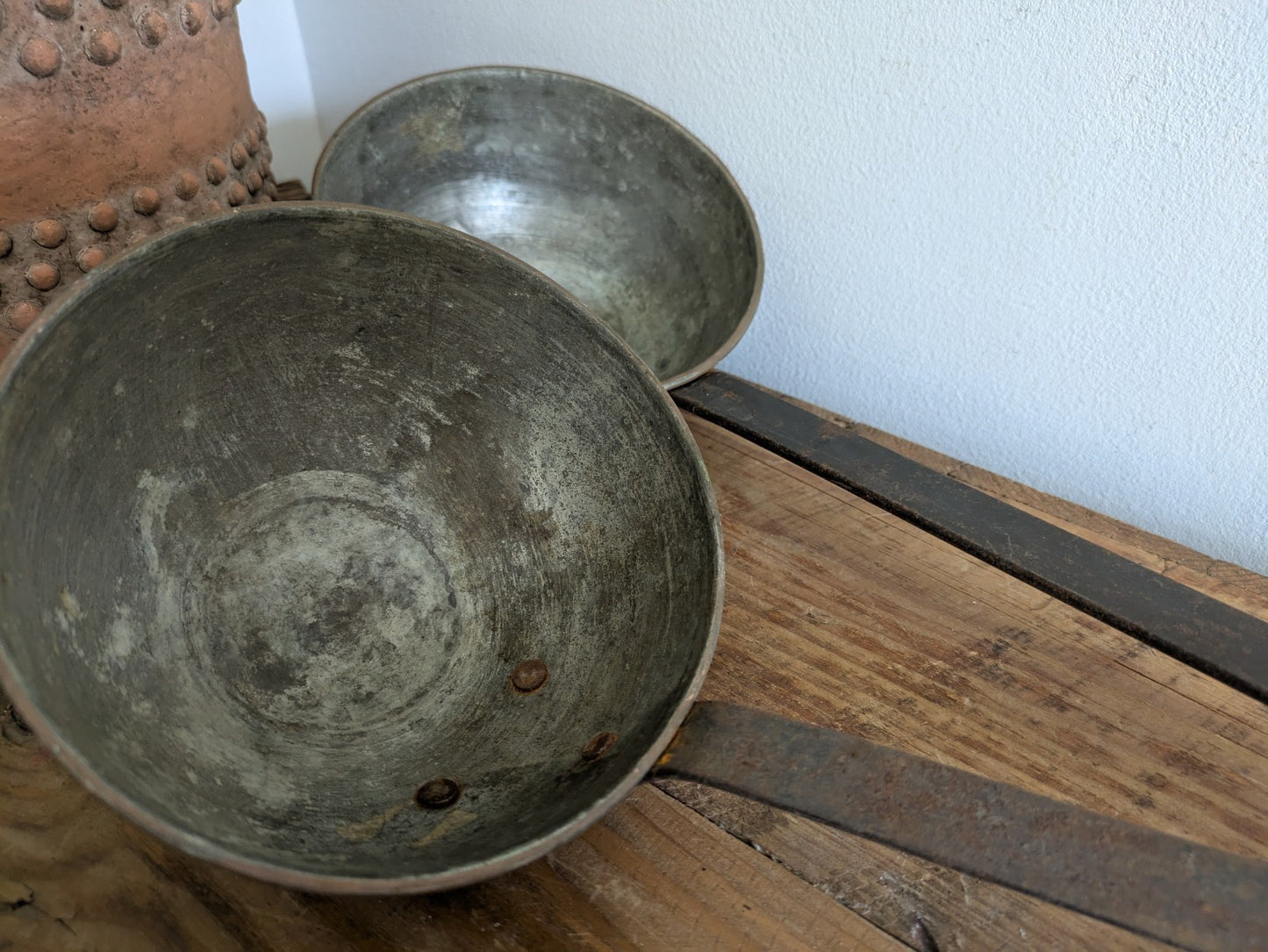 2x Antique Copper Iron Ladle Hand Forged Victorian Scoop Wall Hanging Spoons Vtg