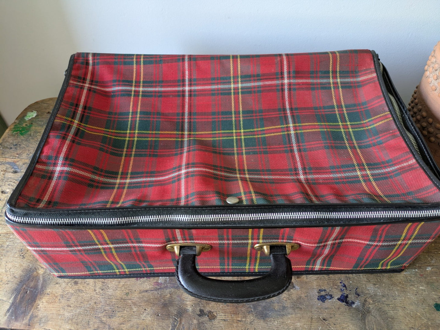 Vintage Retro Red Plaid Tartan Foldable Travel Bag Luggage Collapsible Prop Vgc