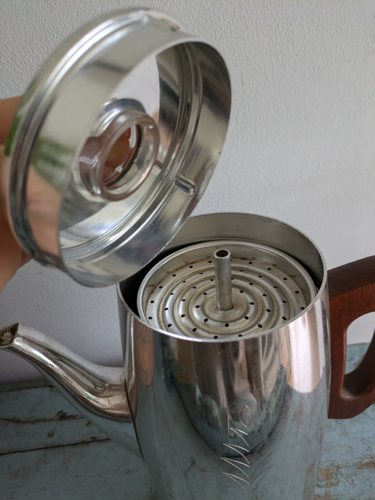Vintage SONA J121 Coffee Pot Percolator Chrome Wood Handle Complete 70s Prop