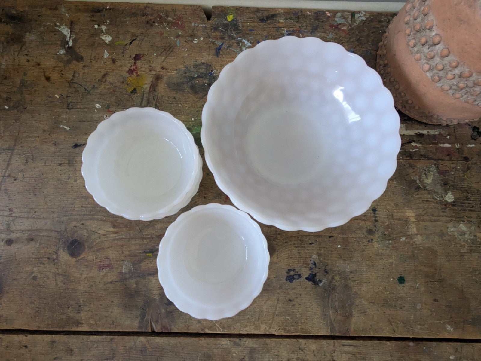 Set 6 MILK GLASS Anchor Hocking LG Bubble Serving Bowls Set Large Vintage White