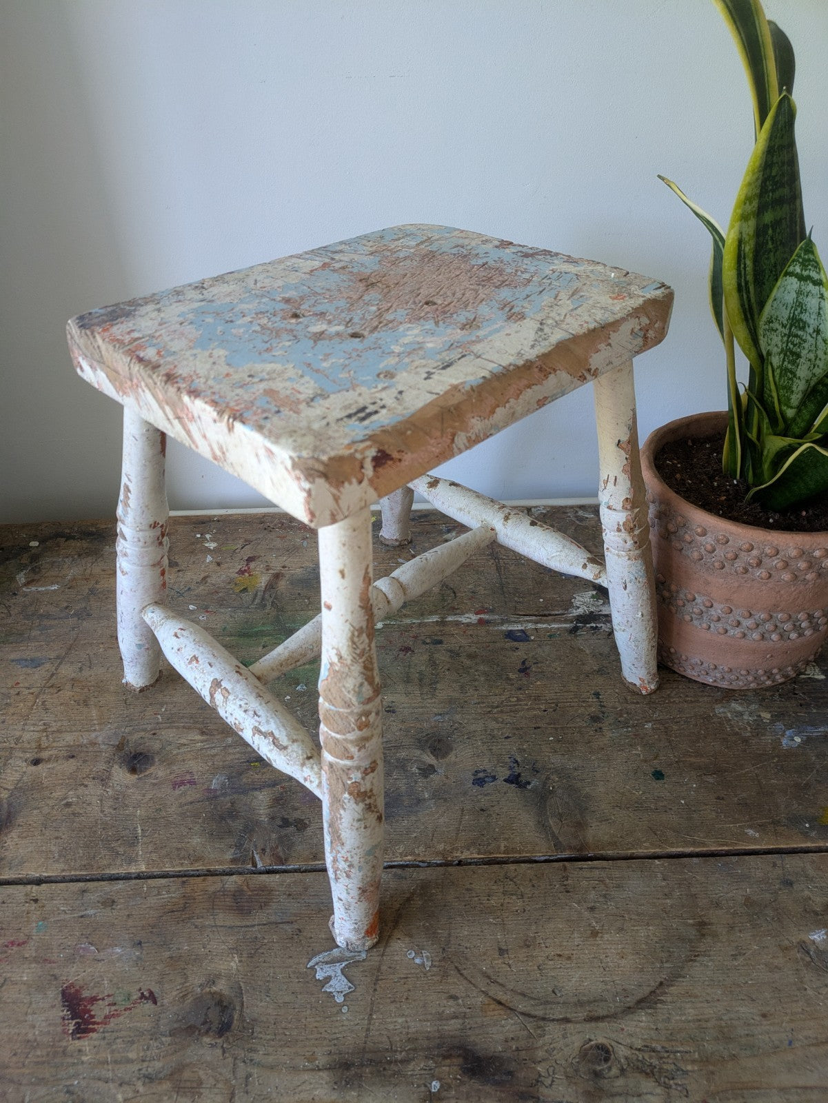 Victorian Antique Foot Stool Chippy Paint original seat chair Vtg Milking Step