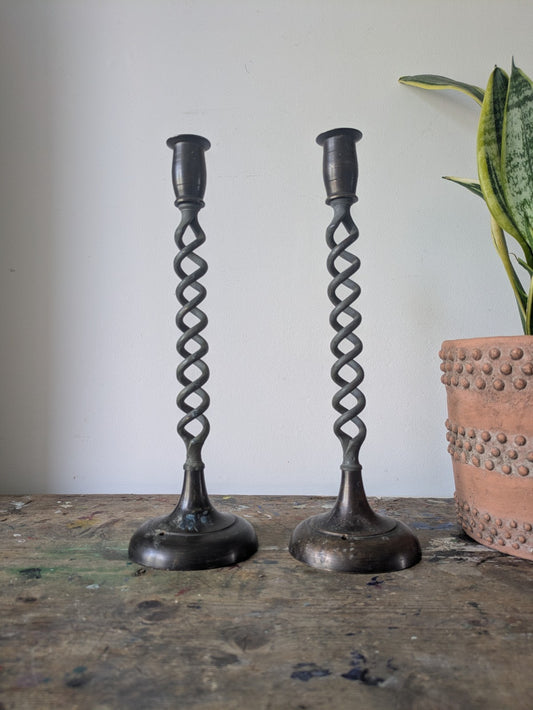 LARGE HEAVY TALL Pair Antique Brass Barley Twist/Spiral Candlesticks 34.8cm Tall
