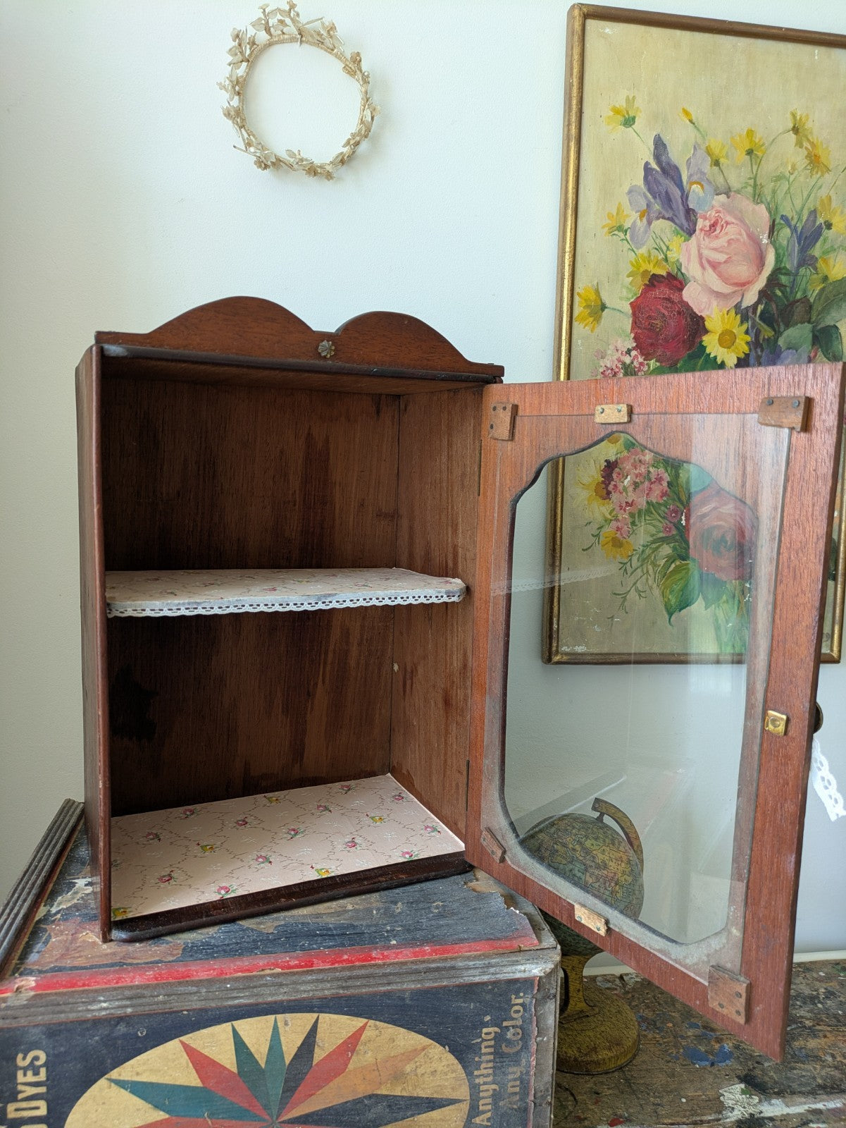 Antique Wooden Display Cabinet Shelves Vintage Wall Cupboard Bathroom Medicine 