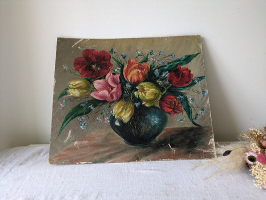 Antique Painting Floral Bouquet Picture frameless vintage Shabby Chic Still Life