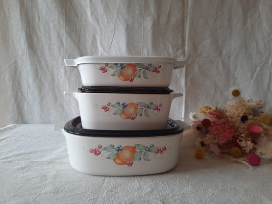 ABUNDANCE Corning Ware 6 pc Trio Casserole Dishes Amber Lid Set Rare Retro Vtg