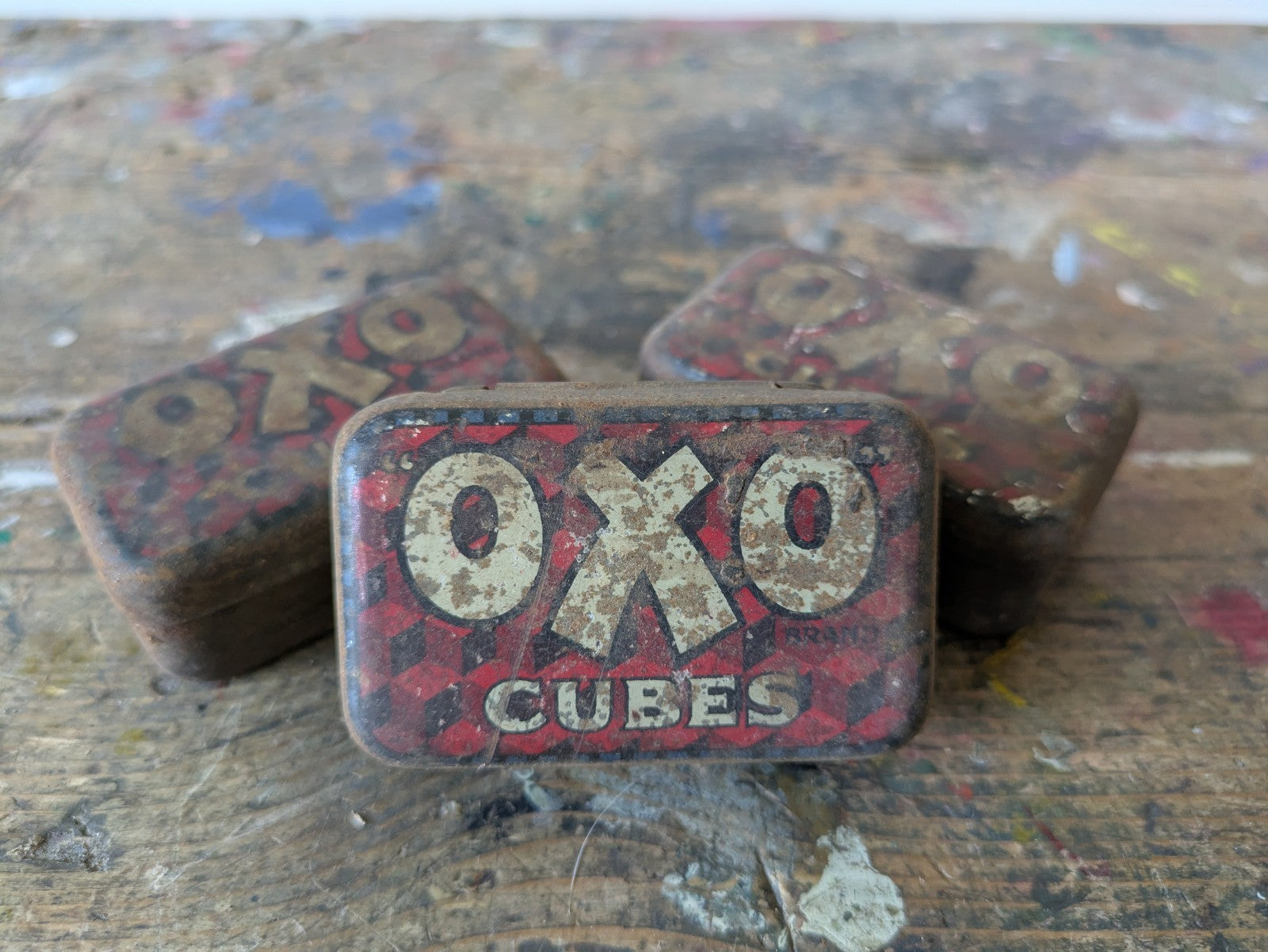 3x Vintage Miniature OXO Cubes Tins Small Rusty Kitchen Advertising Food Gravy 
