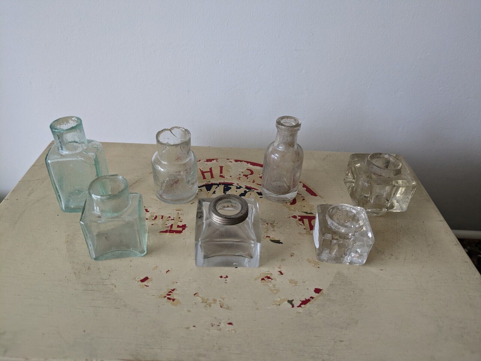 7x Antique Vintage Glass Bottles vase flower original apothecary ink old Bell