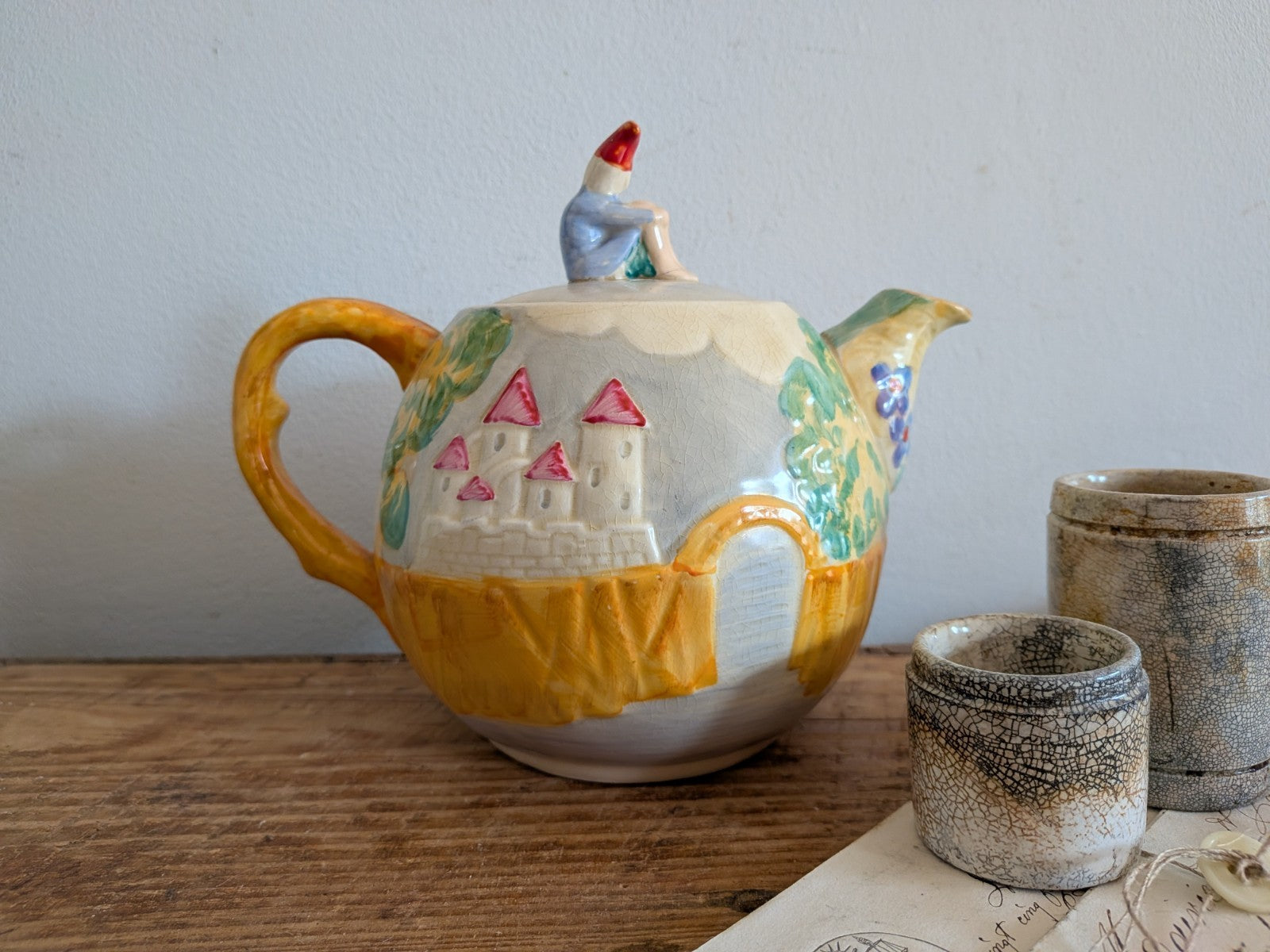 Vintage Art Deco Teapot Leprechaun Pixie Castle Fairytale Cottage Garden Floral