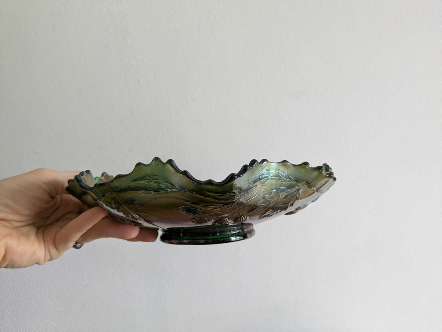 Fenton Peacock & Grape Green Iridescent Carnival Glass Ruffled Bowl Antique Rare