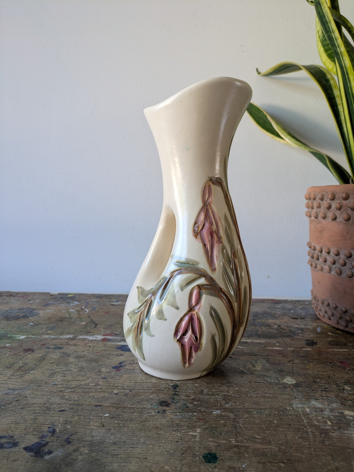 KAD-YAD Israel Studio Pottery Mid Century Flowers Design Handle Vase Jug Vintage