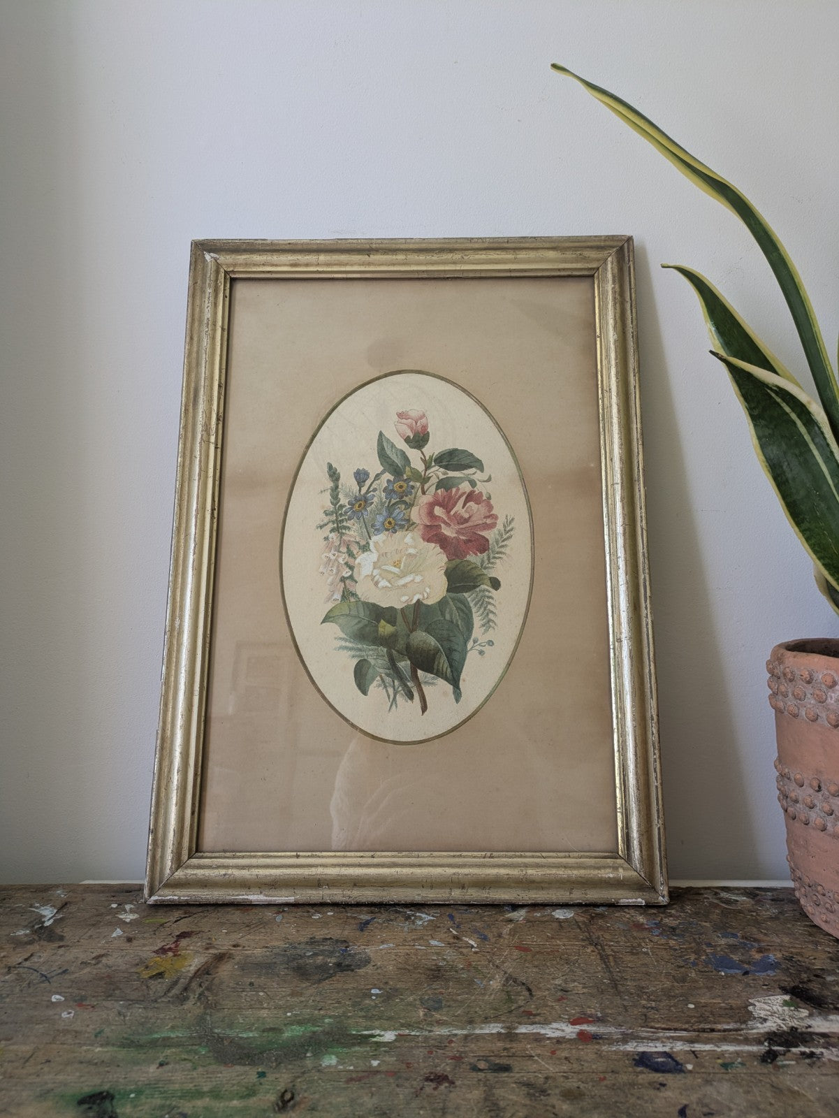 Original Antique Watercolour Painting Oval Floral Rose Bouquet Flower Still Life
