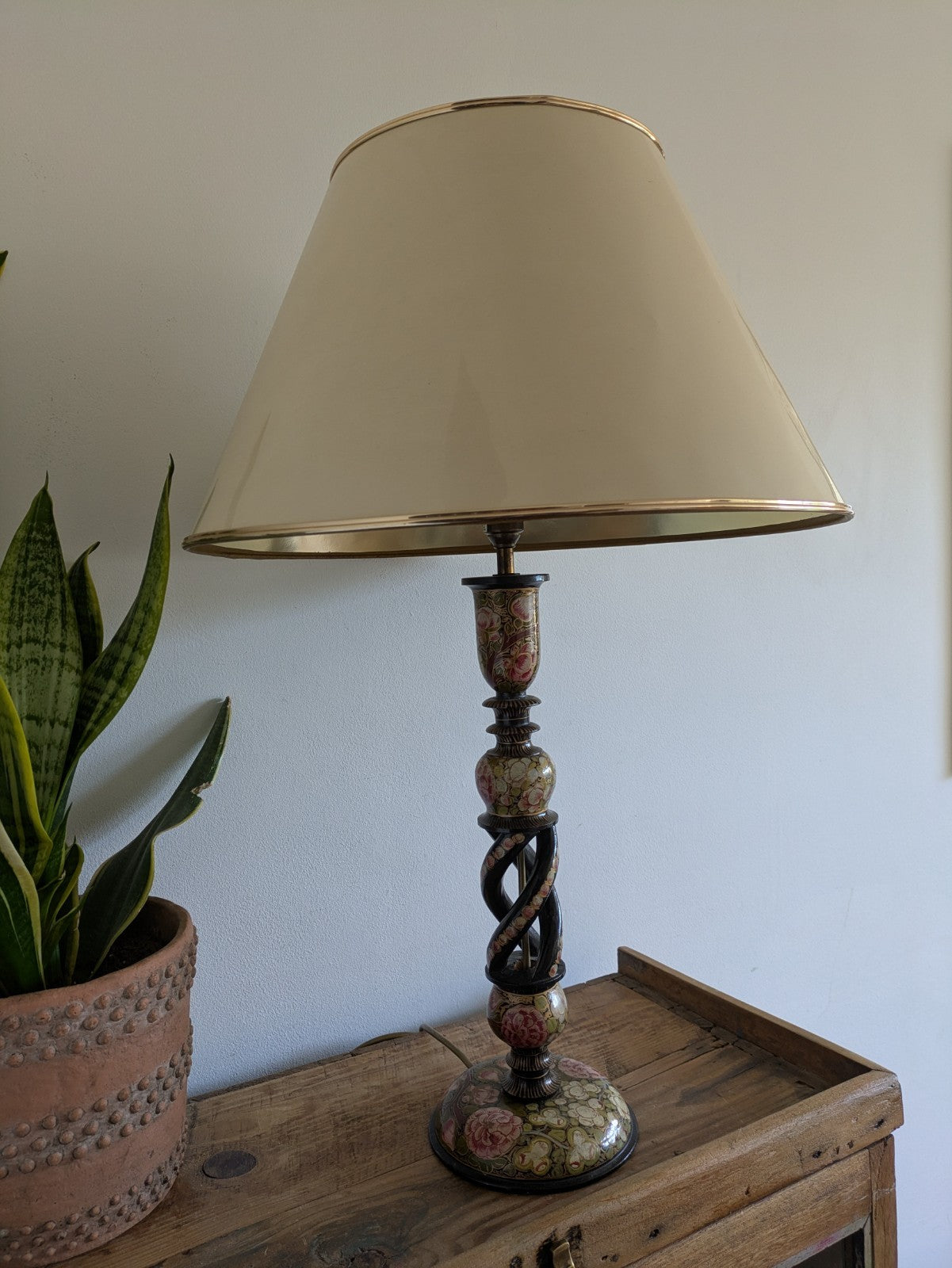 19th C Lamp Vintage Kashmiri Indian Lacquer Papier Mache Gilded Flower Cloisonne