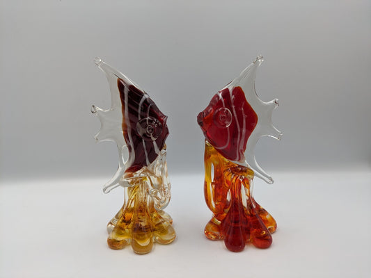 2x Glass Hand Blown Red Orange White Angel Fish Paperweight Figurine Art Deco