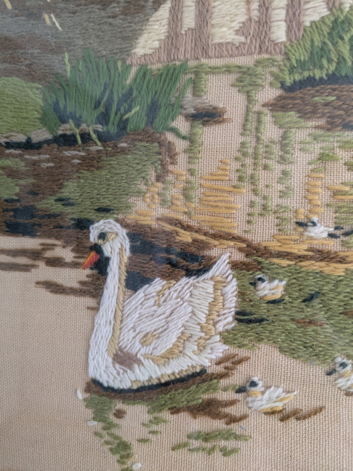 Vintage Needlework Crewel Stitchwork Crochet Swan Signets River Picture English
