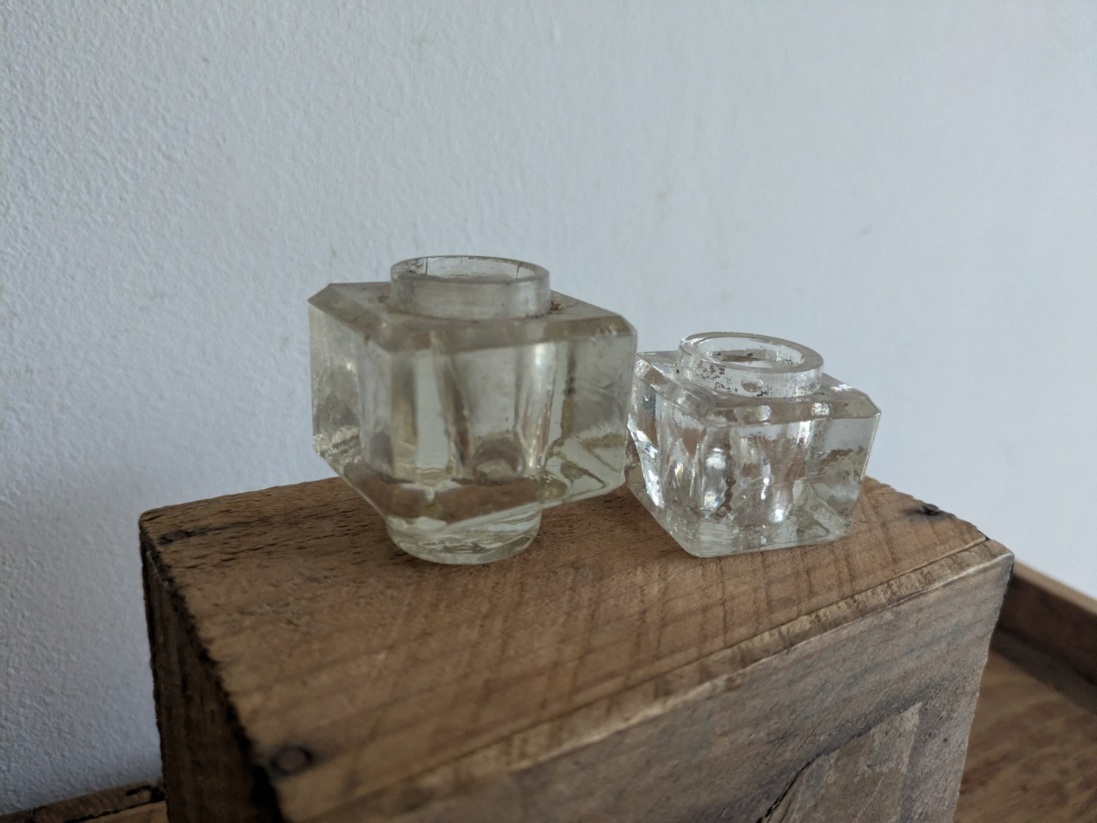 2x Antique Glass Ink Well Desk Study Display C.1900 Prop Edwardian Cube Pair Old