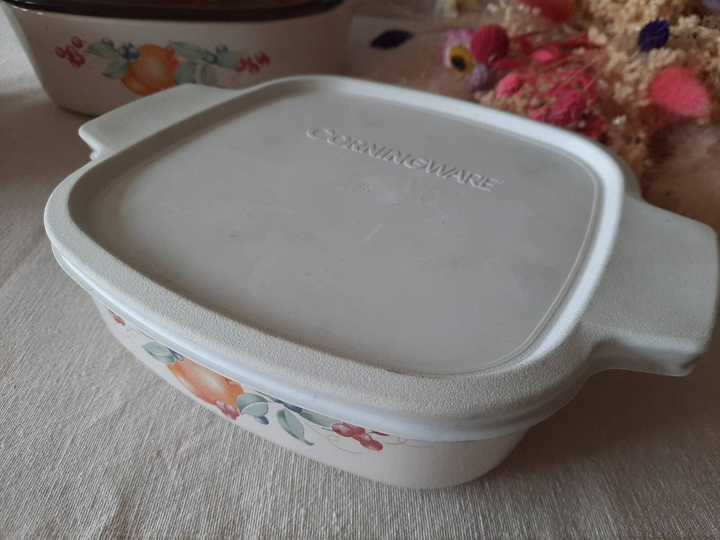 ABUNDANCE Corning Ware 6 pc Trio Casserole Dishes Amber Lid Set Rare Retro Vtg