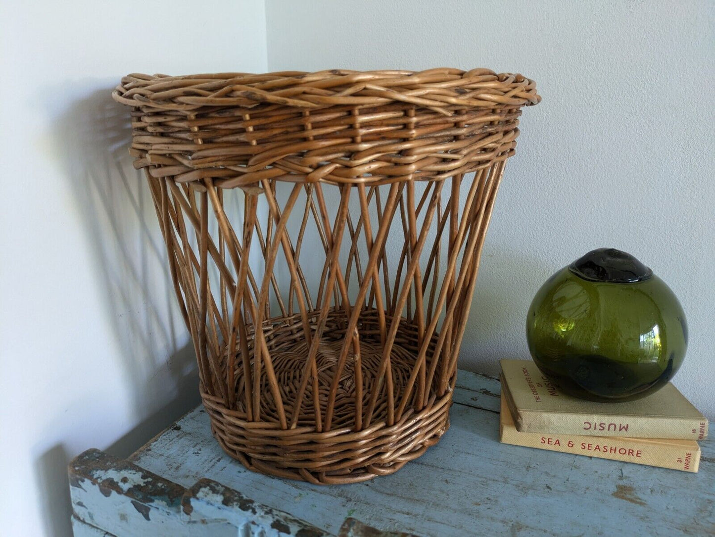 Honey Rattan Round Wicker Waste Paper Basket Woven Log Wood Storage Vintage Bin 