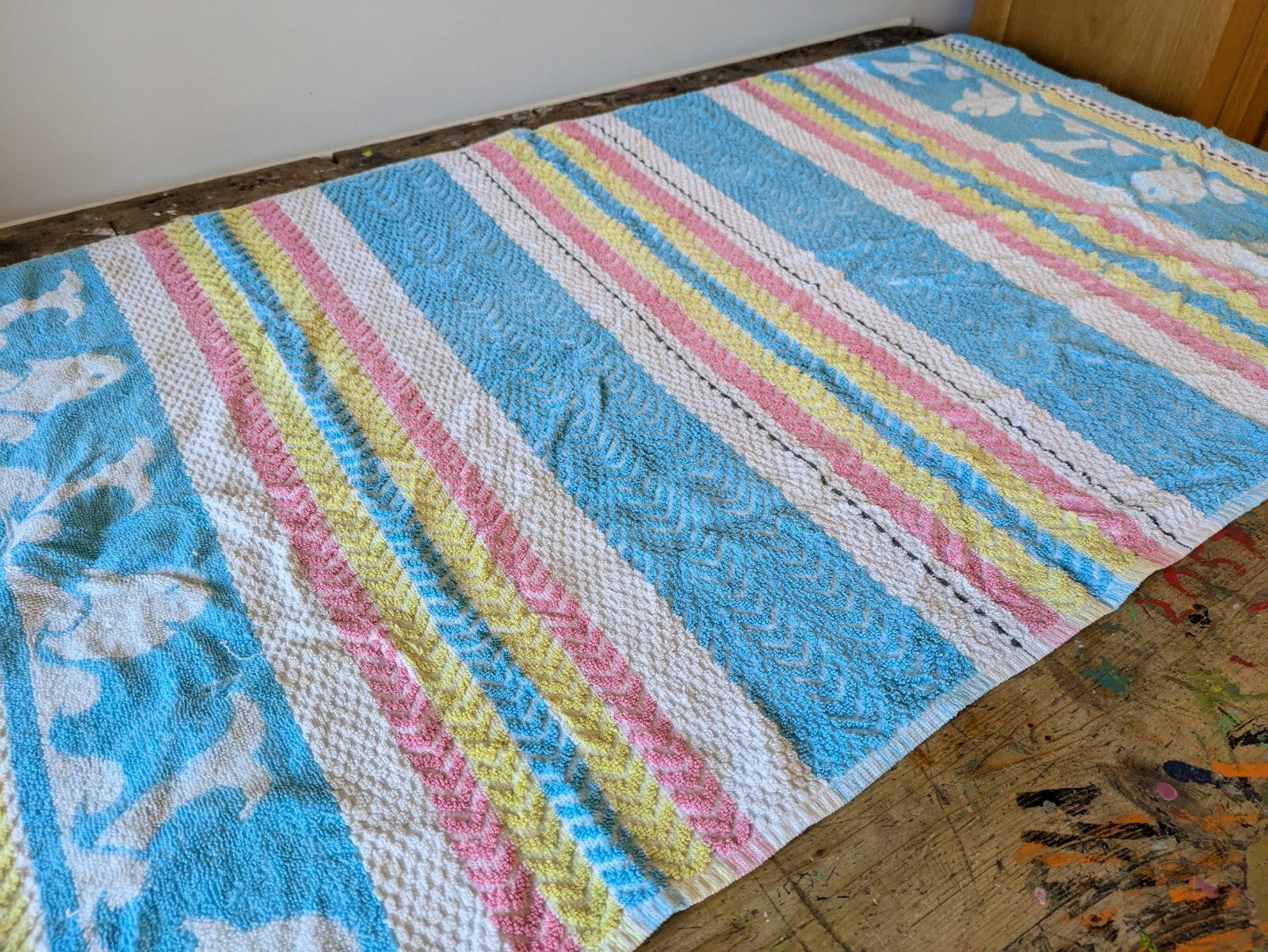 1 Vintage Towel Rainbow Stripe Retro Bath bathroom prop Midcentury Cotton Prop
