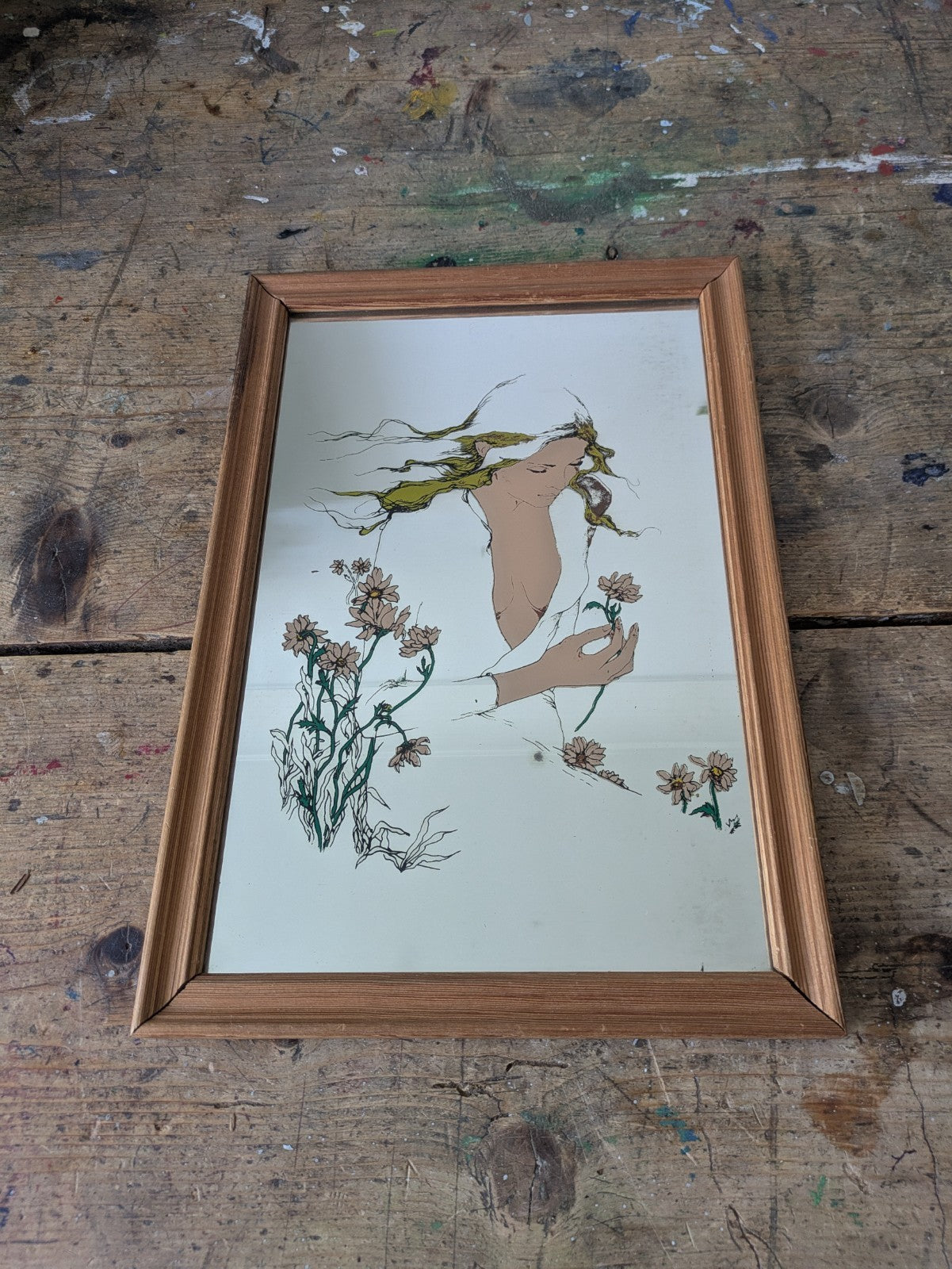 70s Art Mirror Vintage Susan Obrant She Loves Me Art Nouveau Style Retro Rare