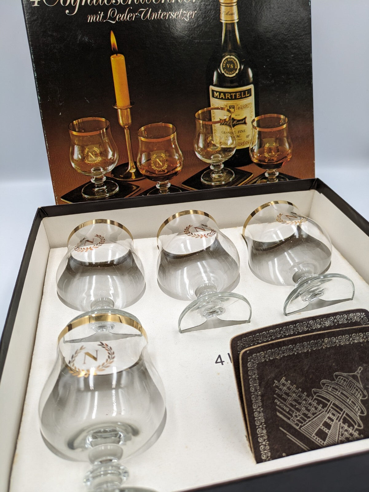 4 X NAPOLEON RETRO BRANDY COGNAC GLASSES GOLD CROWN BALLOON STYLE SNIFTERS Boxed