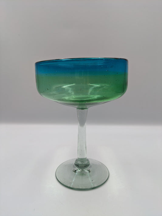 Vtg Hand Blown Aqua Blue and Green Margarita Glasses Two Toned Glass Bubbles Vgc