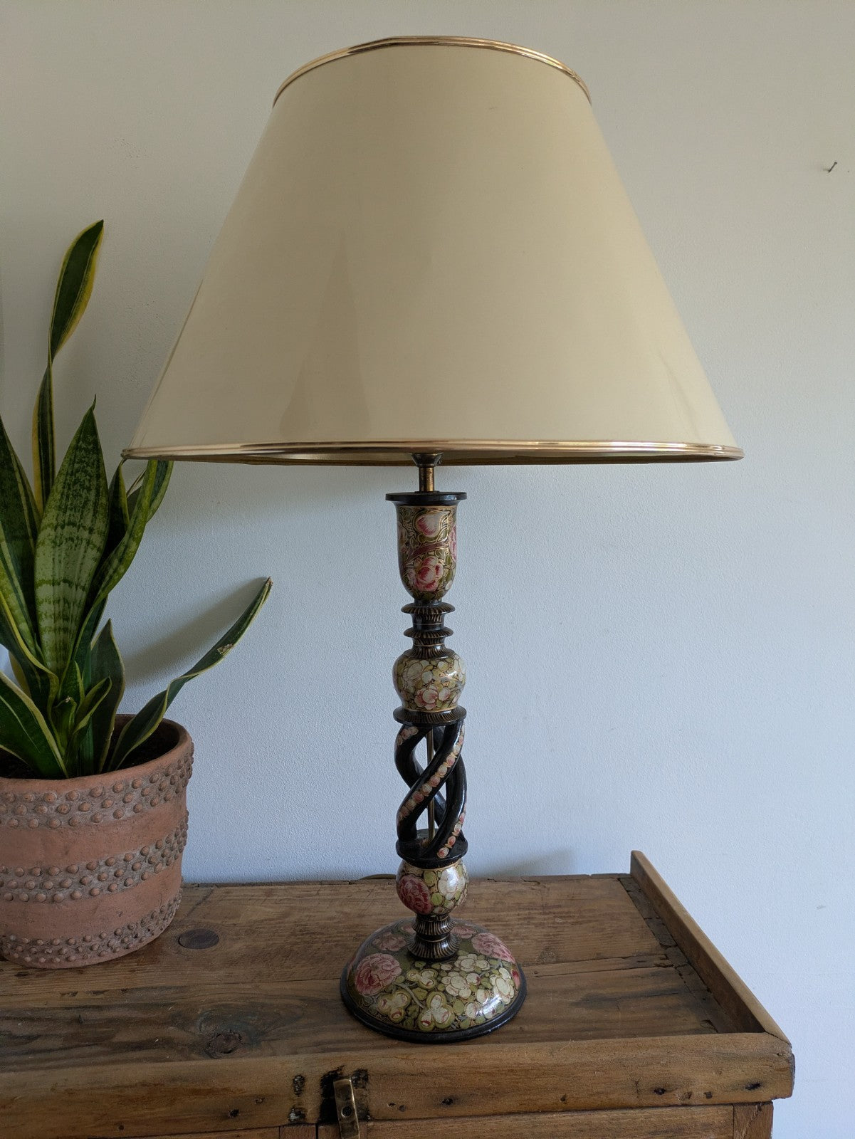 19th C Lamp Vintage Kashmiri Indian Lacquer Papier Mache Gilded Flower Cloisonne