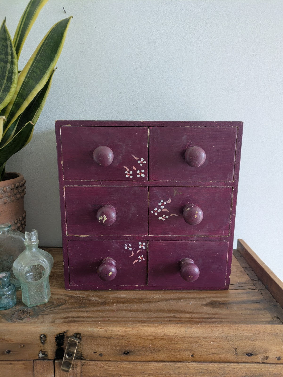 VTG Painted Drawer Office Craft Drawers Table Desk Top Index Work Sewing Purple