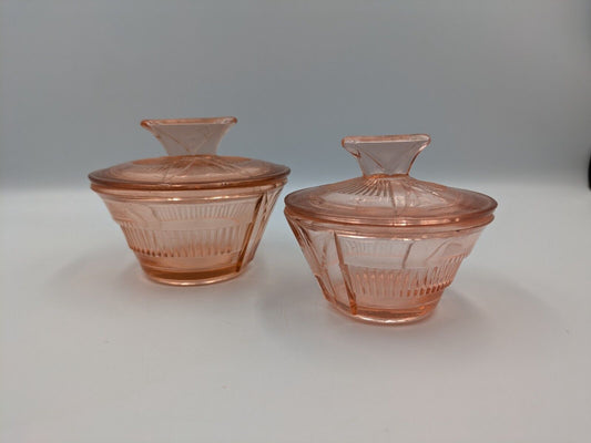 PAIR ART DECO VINTAGE GLASS DEPRESSION PINK GLASS Dish Pots Lids WALTHER VANITY 