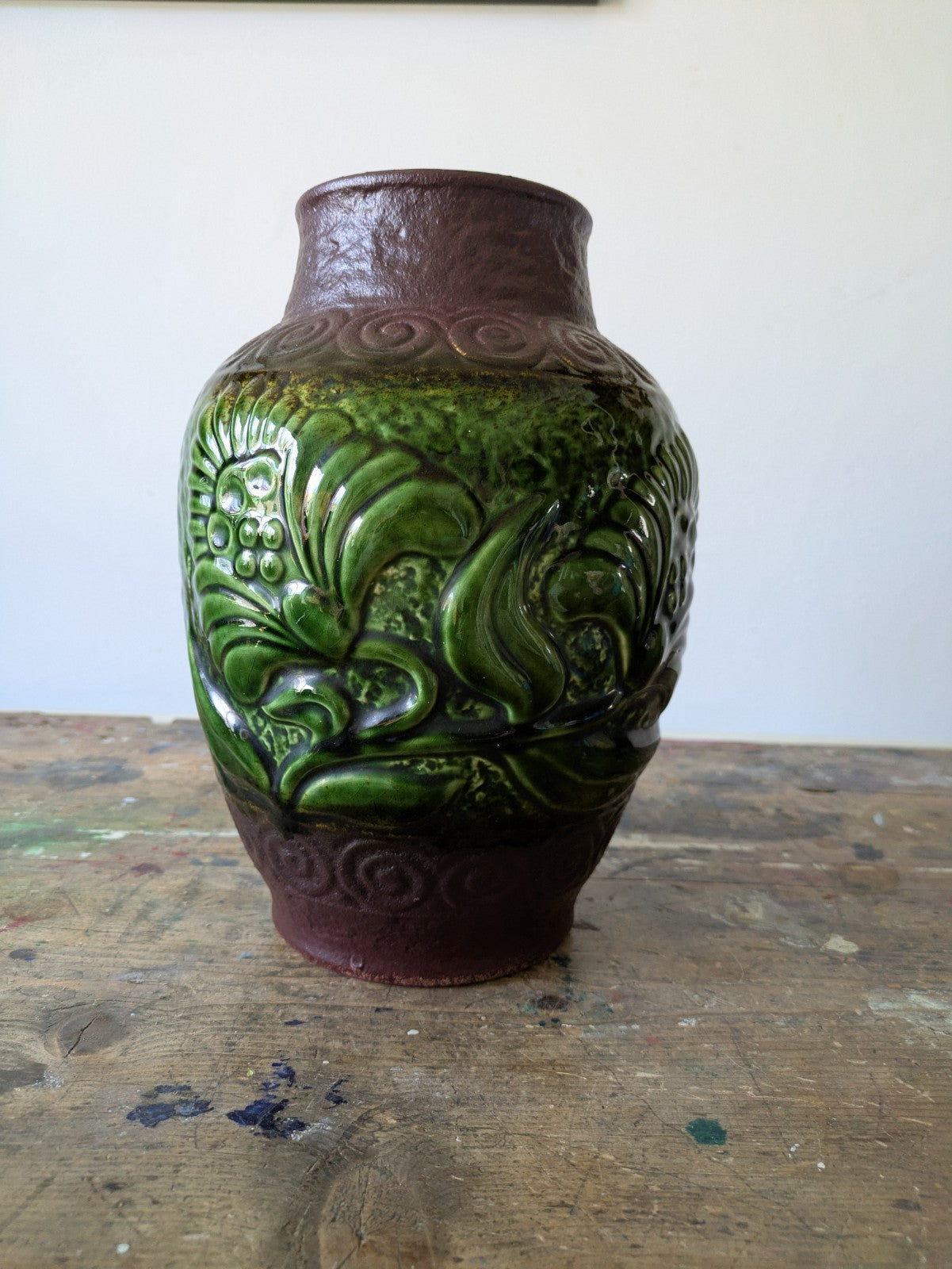 VTG West German Pottery Vase Bay 670-25 Green Glaze Brown Tones Floral VGC Large